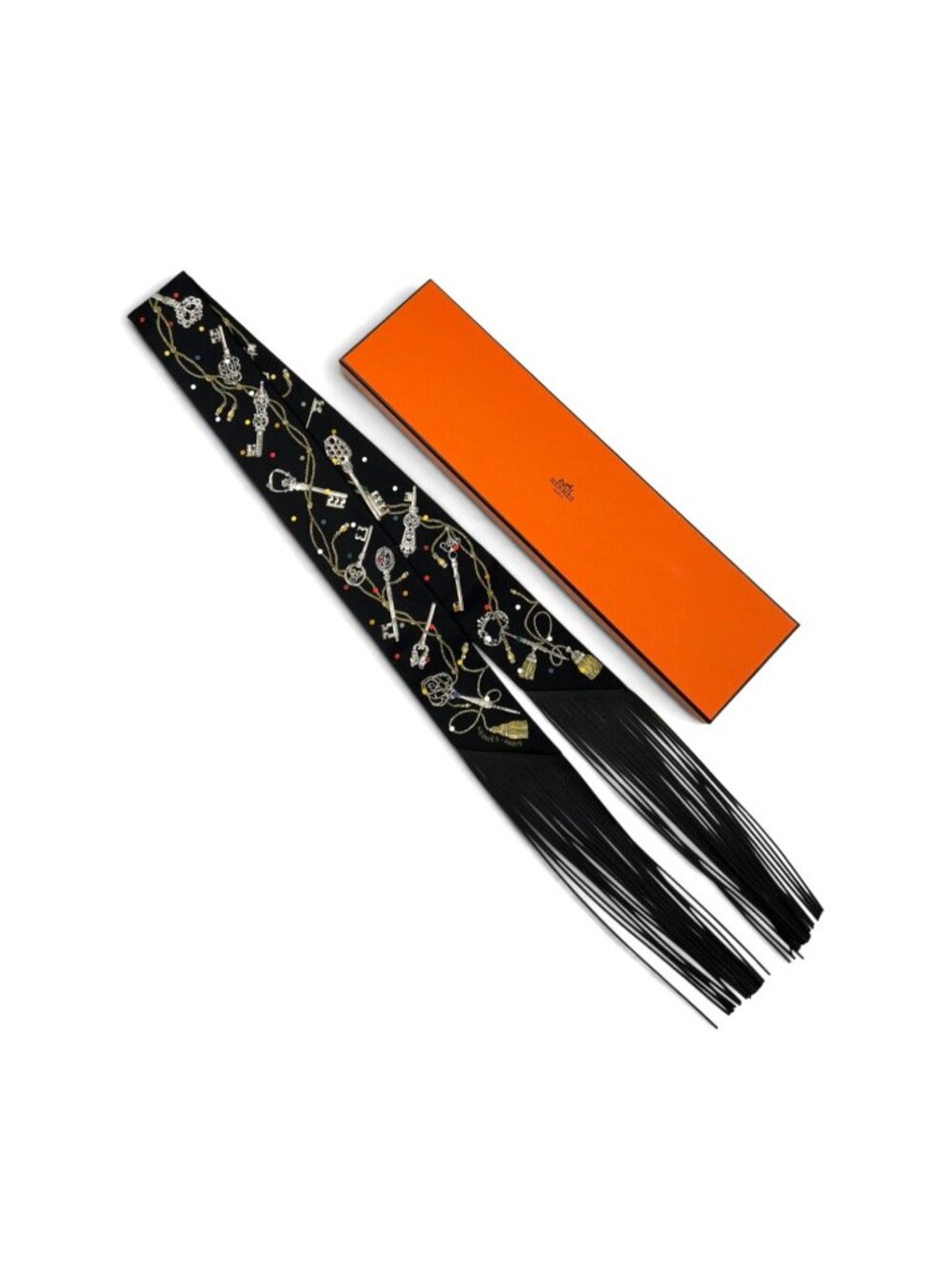 HERMES Black Silk And Leather Fringe Twilly With Key Print